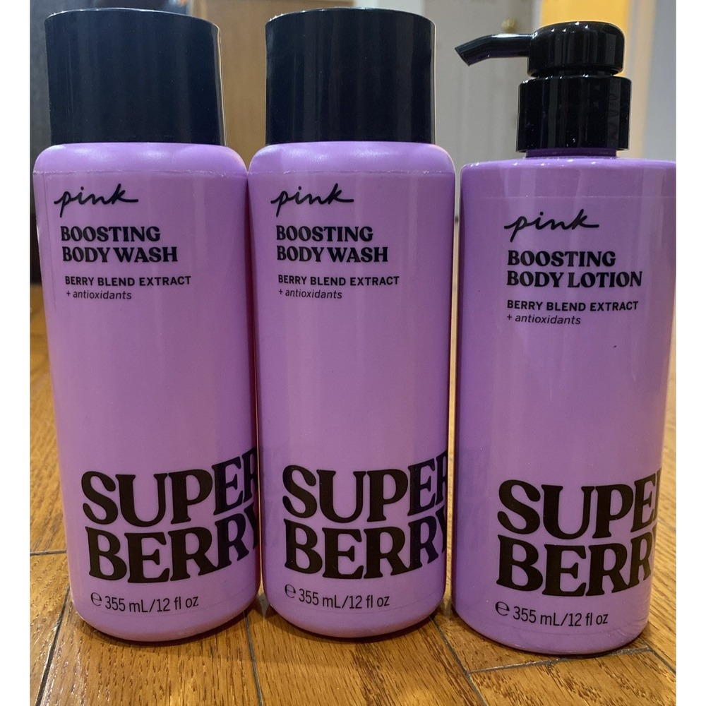 VICTORIA'S SECRET PINK SUPER BERRY BOOSTING‎ BODY LOTION CREAM AND 2 BODY WASH